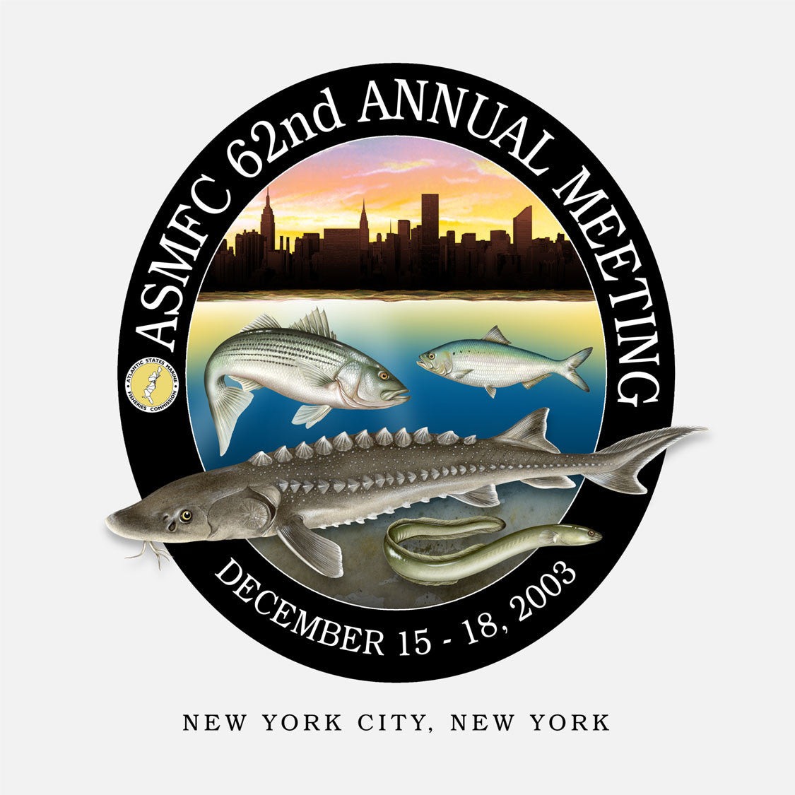 62nd annual meeting of the Atlantic States Marine Fisheries Commission, New York City, New York, 2003. The logo is of several fish species in front of a New York skyline.