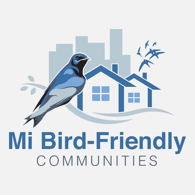 Logo for Michigan Bird-Friendly logo created for Michigan Audubon. The logo is a graphic of a purple martin and chimney swifts in city and neighborhood habitats.