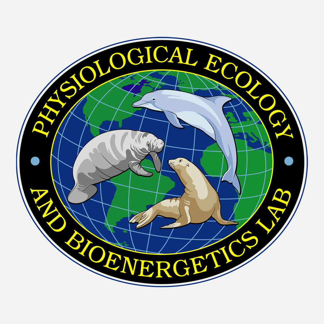 The lab is part of the Conservation Biology Program of the Department of Biology at the University of Central Florida. The logo is a graphic of a dolphin, sea lion, and manatee in front of the earth.