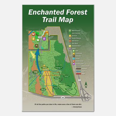 This trailhead sign outlines the trails of the Enchanted Forest Sanctuary in Brevard County, Florida.