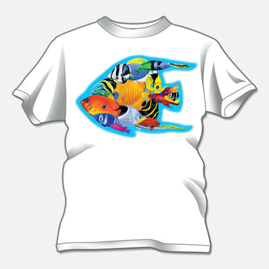Colorful reef fish t-shirt illustrated for The Nature Company. The design is of several colorful reef fish forming the shape of a fish.