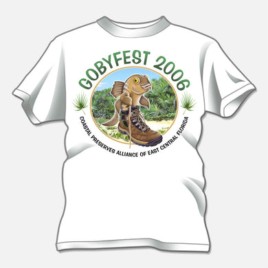 Gobyfest 2006 t-shirt designed for an annual event for Coastal Preserves Alliance. The design is of a whimsical goby in a hiking boot.