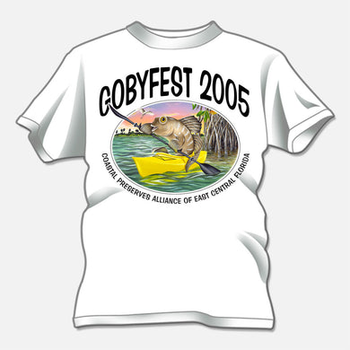 Gobyfest 2005 t-shirt designed for an annual event for Coastal Preserves Alliance. The design is of a whimsical goby paddling a kayak.