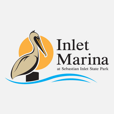 The Inlet Marina at Sebastian Inlet State Park, Brevard County, Florida. The logo is of a stylized pelican on a piling.