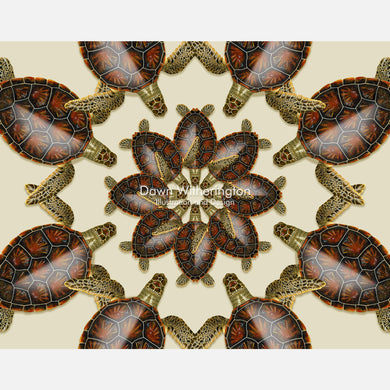 This beautiful design is of a kaleidoscopic graphic of juvenile green turtles, Chelonia midas.