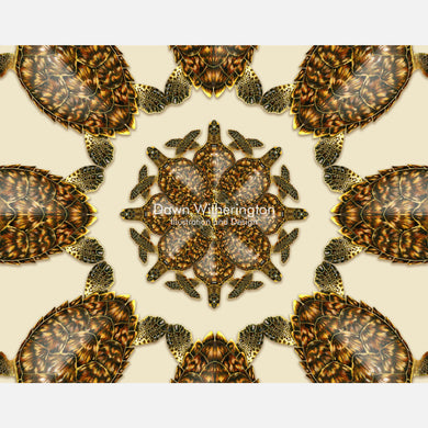 This beautiful design is of a kaleidoscopic graphic of hawksbill sea turtles, Eretmochelys imbricata.