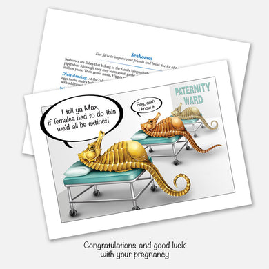 The card's image is of pregnant male seahorses in a 