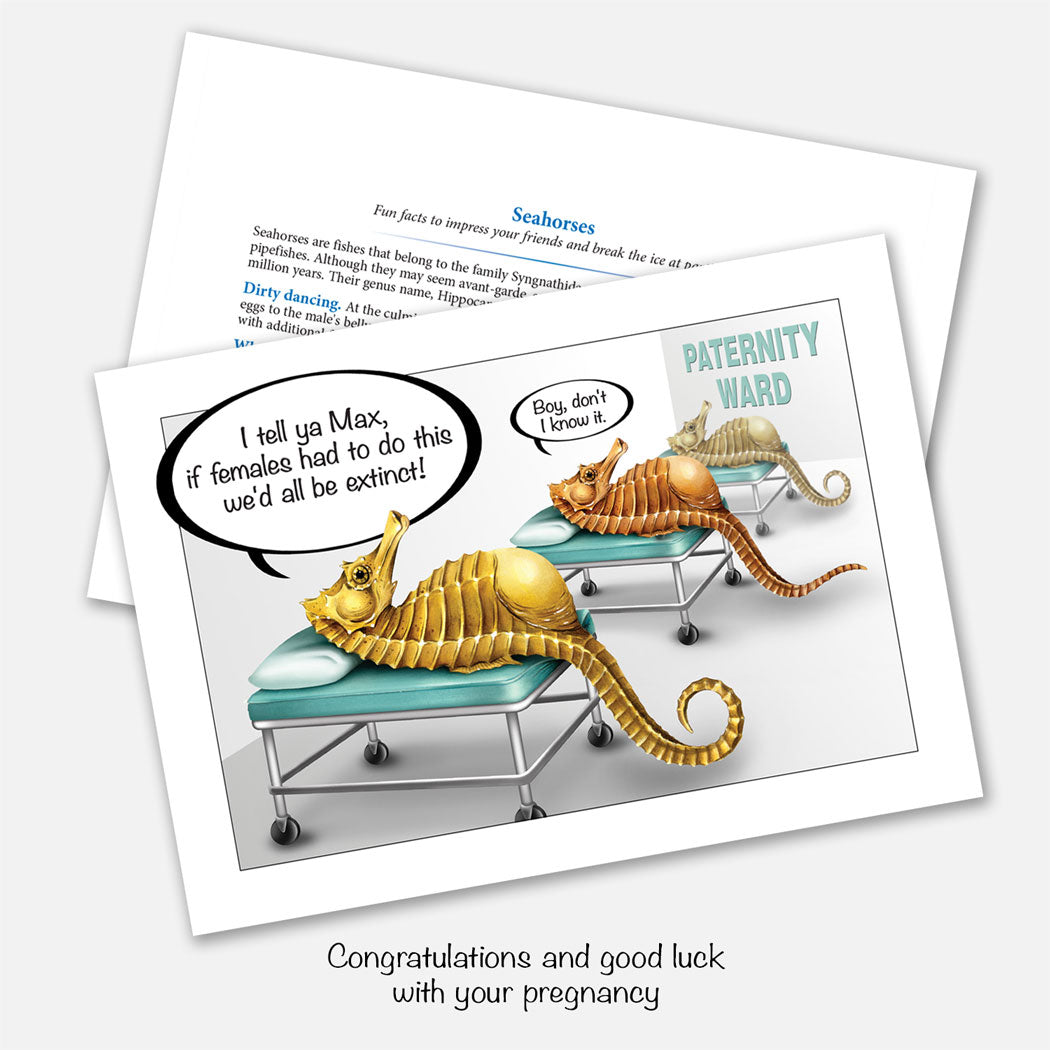 The card's image is of pregnant male seahorses in a