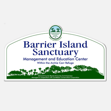 This signage for the Barrier Island Center, an environmental education facility located in Brevard County, Florida, depicts a silhouette of the barrier island habitats.