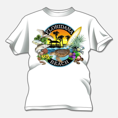 Floridana Beach t-shirt depicting features of the quaint Florida community. The design is a collage of several objects and critters found in and around Floridana Beach.