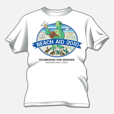 Fundraiser for healthy beaches, Melbourne Beach, Florida. the design is of a whimsical sea turtle playing the guitar on the beach.