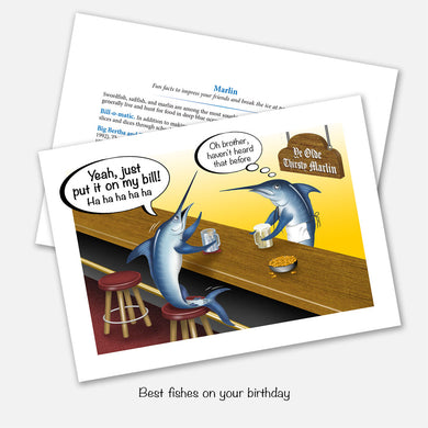 The card's image is of a marlin ordering a drink at a bar and telling the marlin bartender to 