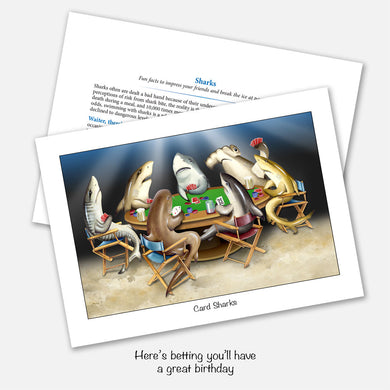 The card's image is of a group of sharks gathered around a poker table playing cards. Inside text: 