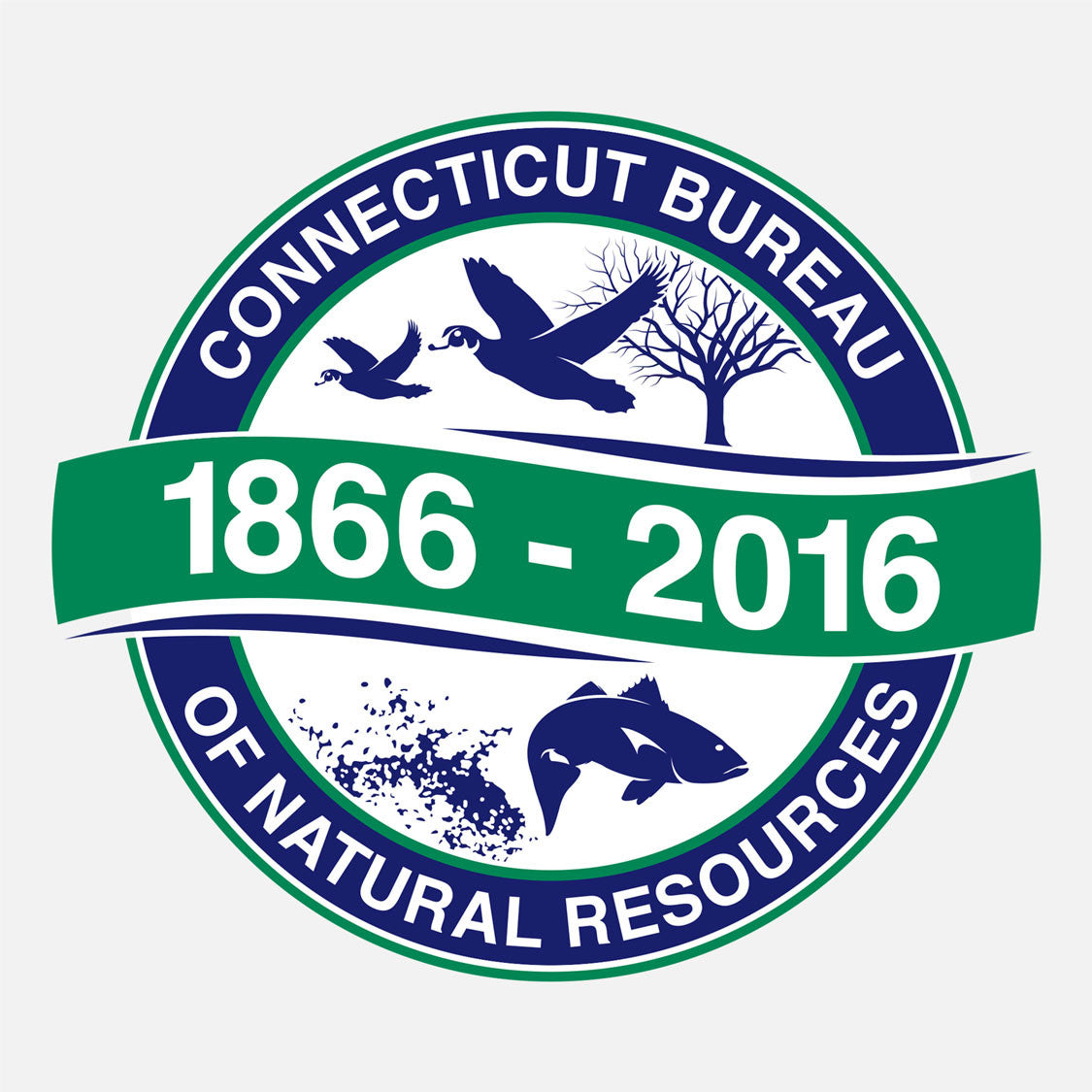 The Connecticut Bureau of Natural Resources recognizing their 150 year anniversary. The logo features a graphic of ducks and fish.