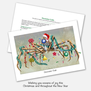 The card's image is of decorator crab (a real species of crab) decorated with Christmas ornaments.  Inside text: Wishing you oceans of joy this Christmas and throughout the New Year
