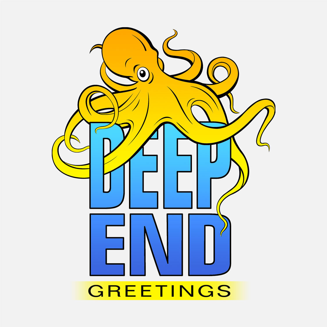 Logo for Deep End Greetings, a sea-themed line of greeting cards. the logo is a graphics image of an octopus wrapped around text.