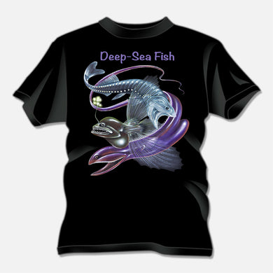 This is a colorful illustration of deep-sea fish on a dark background.