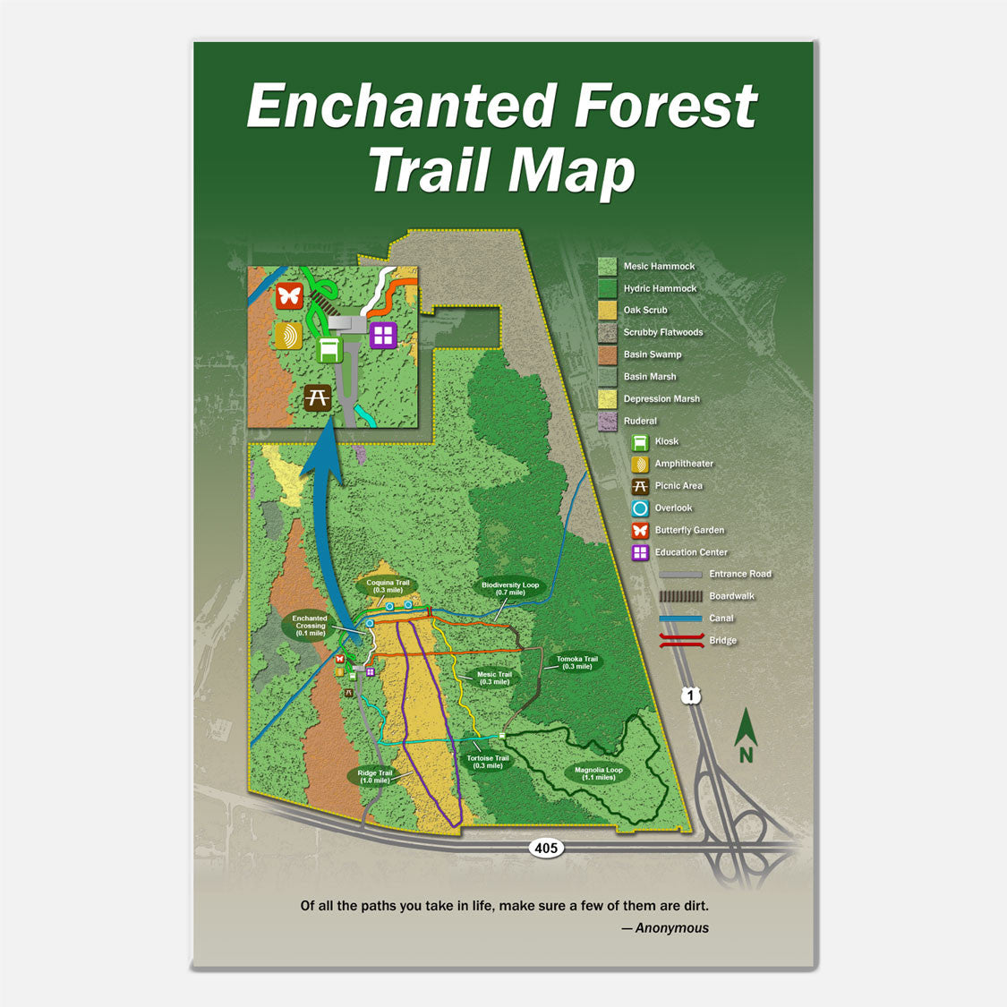 This trailhead sign outlines the trails of the Enchanted Forest Sanctuary in Brevard County, Florida. 