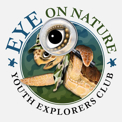 The Eye on Nature Youth Explorer's Club introduces children to the local wildlife and environment by taking them on a series of native adventures. The logo is a whimsical depiction of a sea turtle with a magnifying glass.