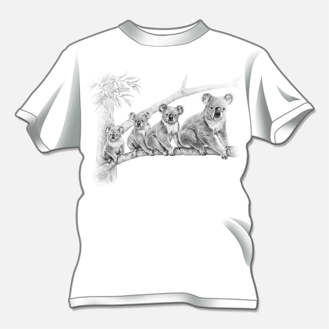 The design is a pencil illustration of four cute koala bears (Phascolarctos cinereus) on a tree limb.