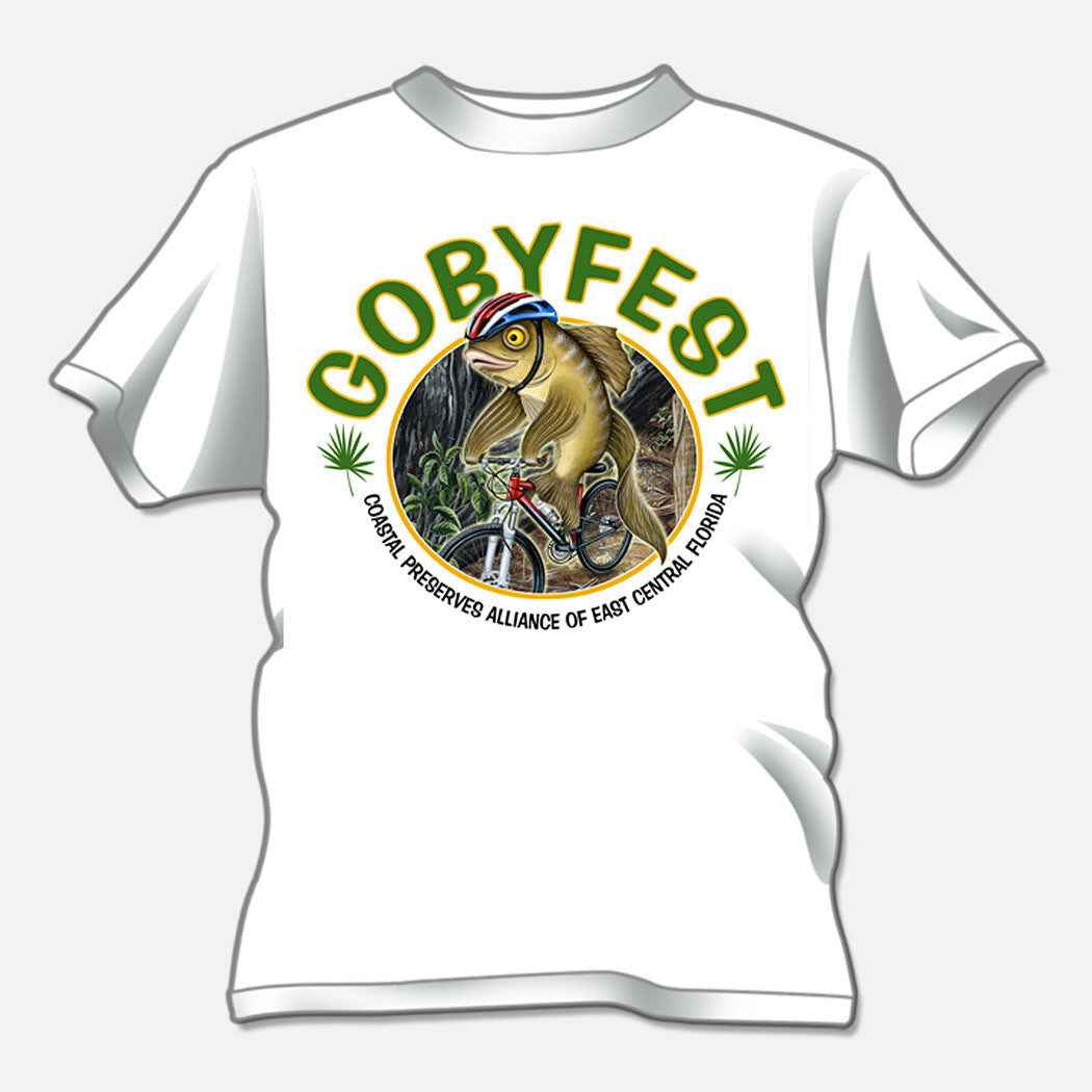 Gobyfest 2009 t-shirt designed for an annual event for Coastal Preserves Alliance. The design is a cartoon goby riding a bicycle through a trail.