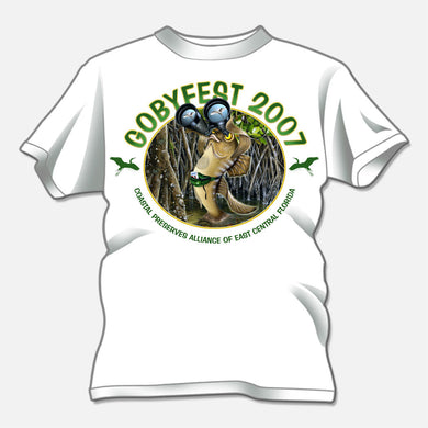 Gobyfest 2007 t-shirt designed for an annual event for Coastal Preserves Alliance. The design is of a whimsical goby looking through binoculars.