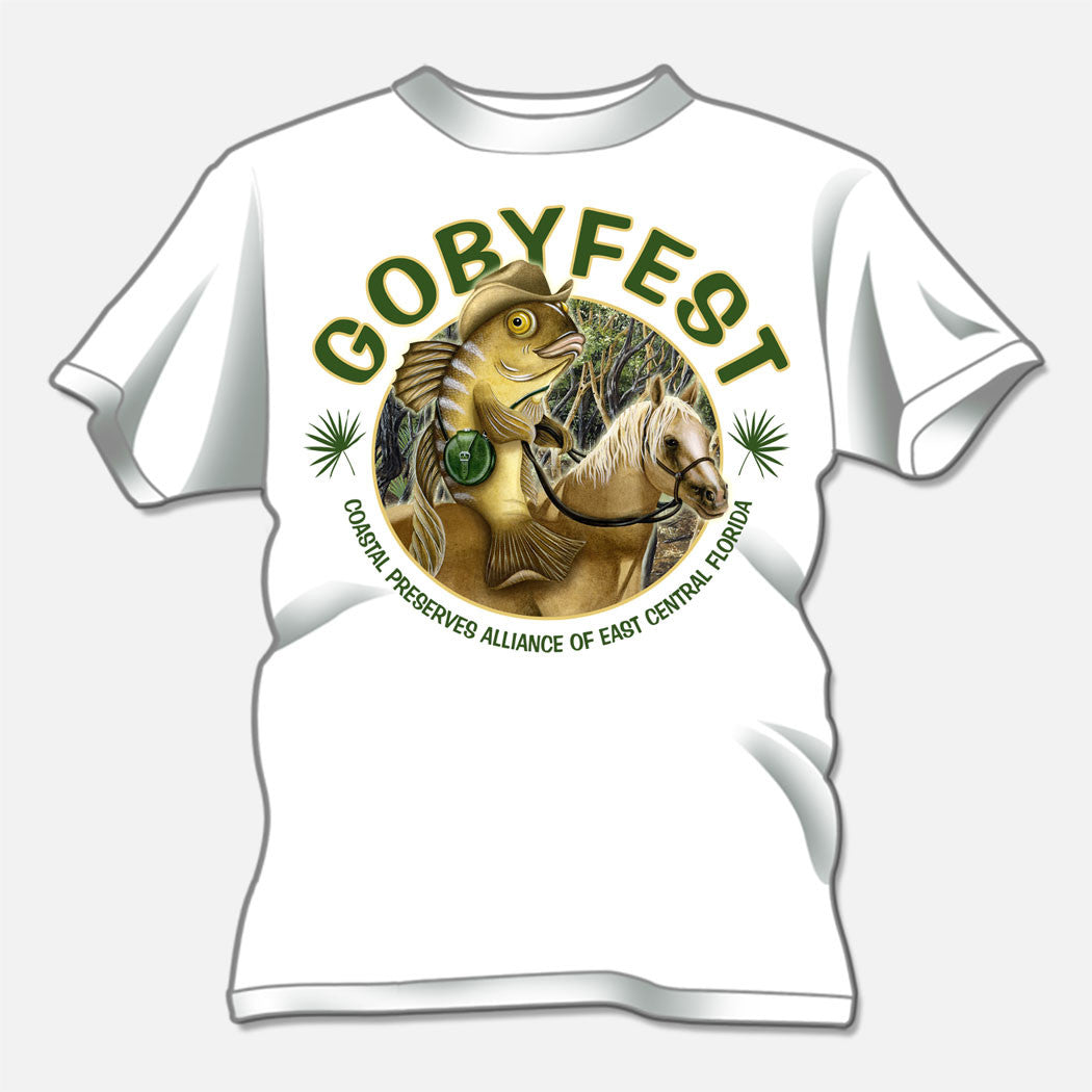 Gobyfest 2008 t-shirt designed for an annual event for Coastal Preserves Alliance. The design is of a whimsical goby riding a horse.