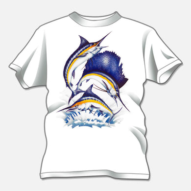 Billfish t-shirt created for a t-shirt design studio. The design is of three colorful leaping billfish.