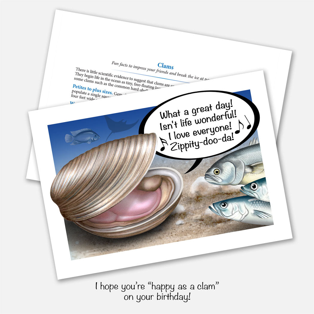The card's image is of a happy clam singing 