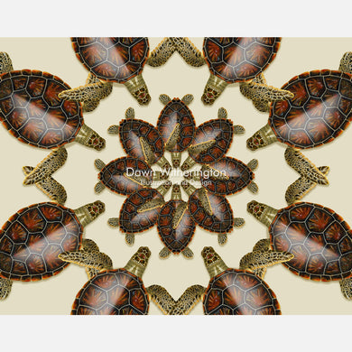 This beautiful design is of a kaleidoscopic graphic of juvenile green turtles, Chelonia midas. 