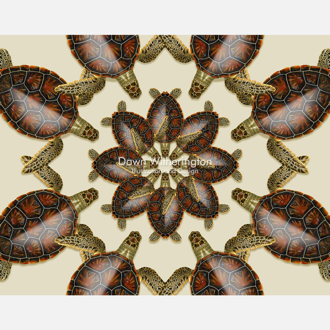 This beautiful design is of a kaleidoscopic graphic of juvenile green turtles, Chelonia midas. 