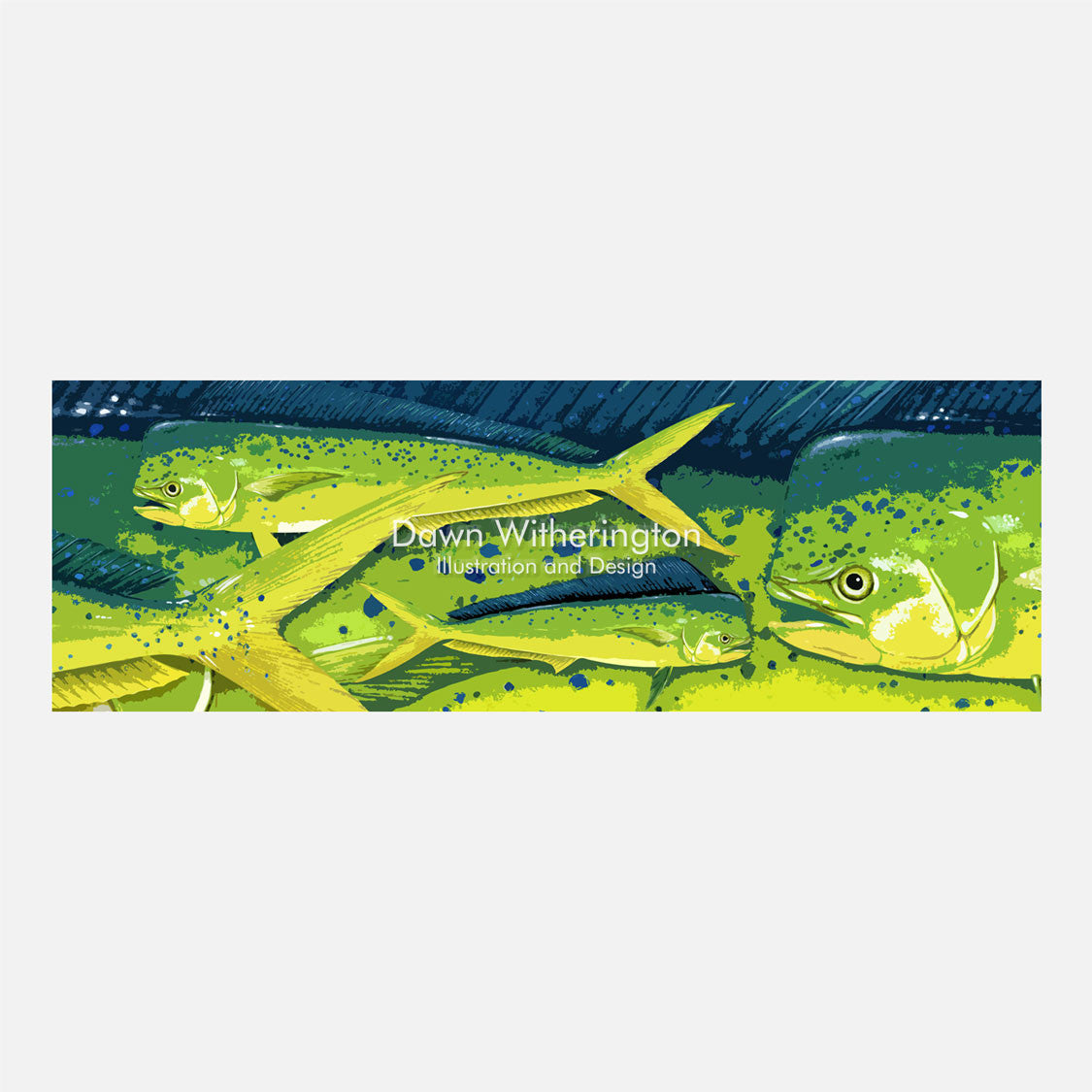 This colorful design is a stylized group of dolphinfish, Coryphaena hippurus. 