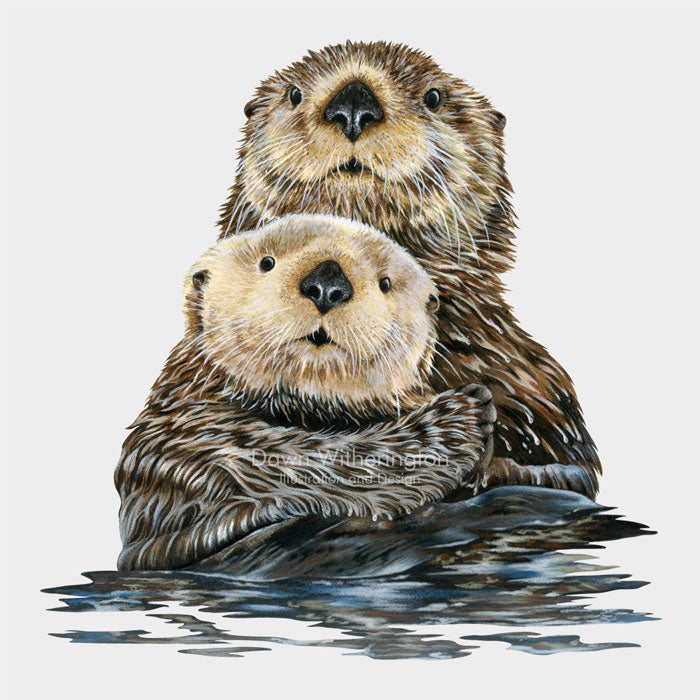 This cute illustration is of a mother sea otter (Enhydra lutris) with her pup. 