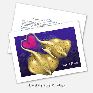 The card's image is of a pair of skates (cartilaginous fish) and a heart. Inside text: 