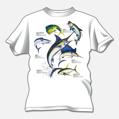 Sport fish t-shirt created for a t-shirt design studio. The design is of several sport fish identified.