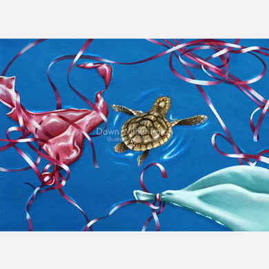 This illustration is of a loggerhead sea turtle, Caretta caretta, post-hatchling surrounded by discarded balloons.
