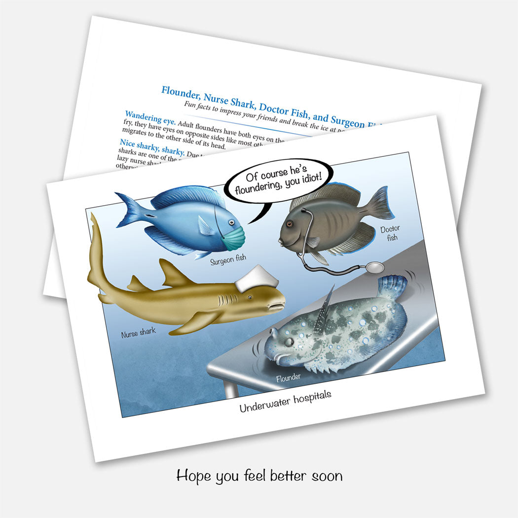 The card's design shows a doctor fish, surgeon fish, and nurse shark operating on a 