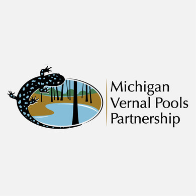 Logo for Michigan Vernal Pools Partnership. The logo is a graphic of a blue-spotted salamander over a graphic representation of a vernal pool.